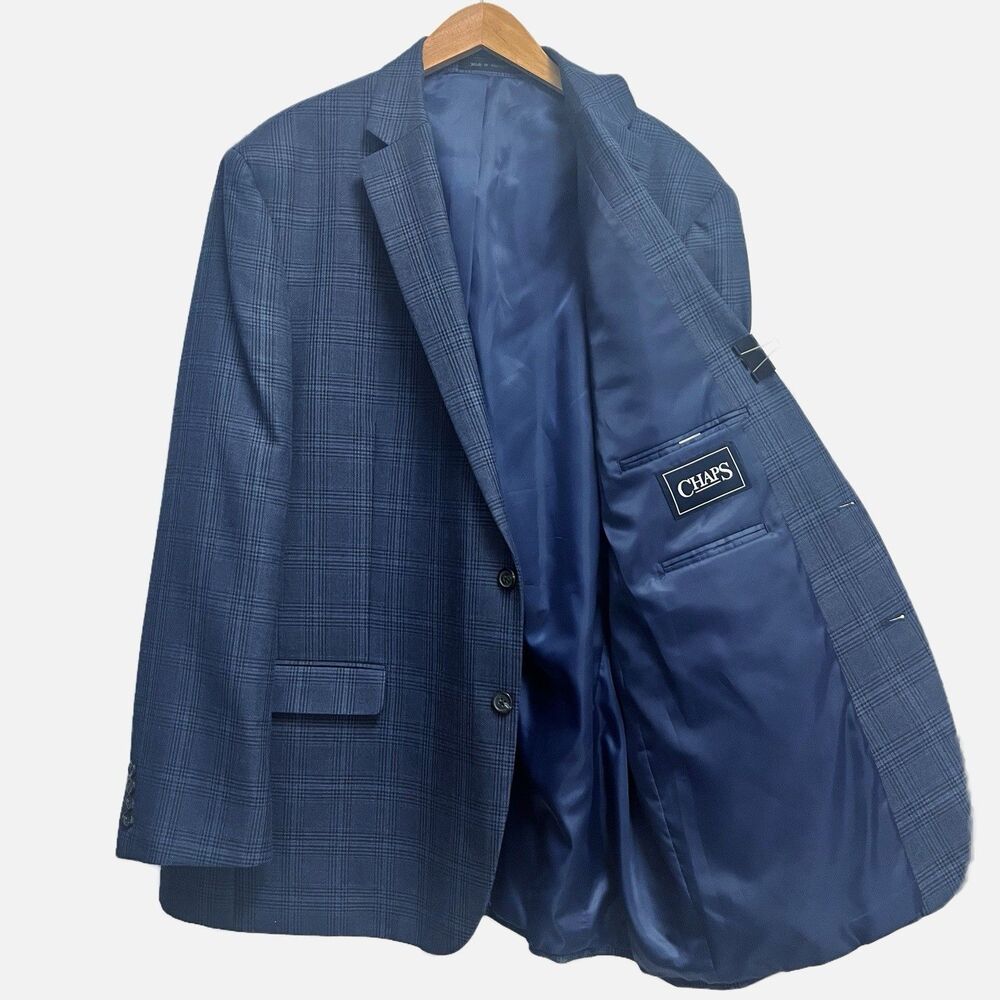 Chaps Blue Glen Plaid Notched Lapel Blazer Sport Coat 2 Button Size 48L